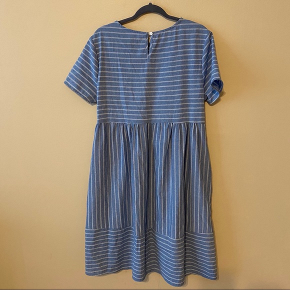 Women Blue White Striped Baby Doll Dress w/Pockets - Picture 4 of 5